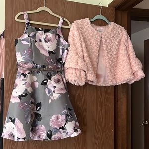 Floral belted dress and pink jacket